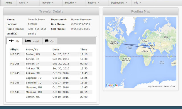 Screen From The CAP Travel Risk Portal Showing The Traveler Itinerary Integration Feature  